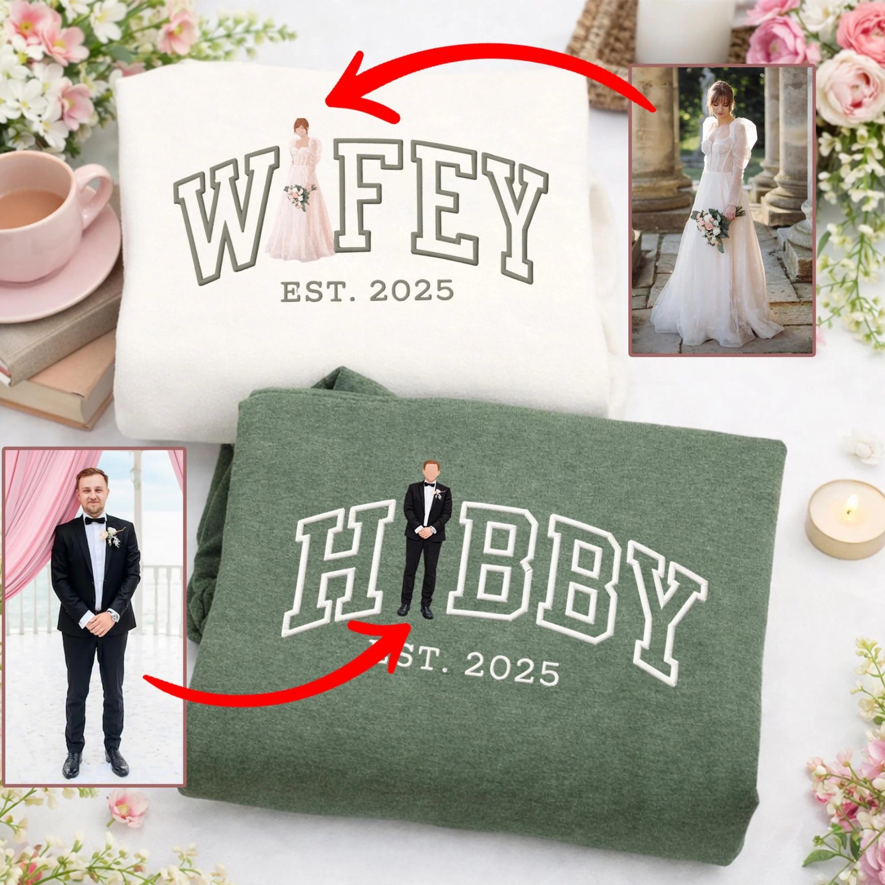 Personalized Embroidered Hubby and Wifey Sweatshirt or Hoodie