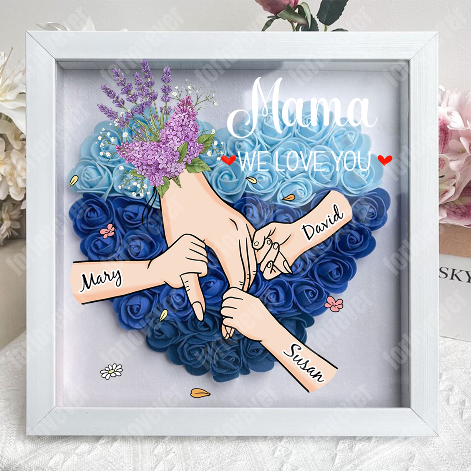 Forlovever™ Personalized Floral Mommy Holding Hands Shadow Box – Custom Kids Names Floral Heart Frame Gift for Mom & Grandma | Mother’s Day Gift