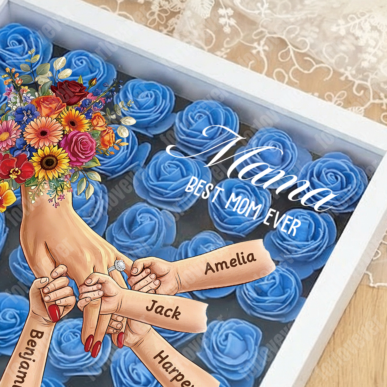 Forlovever™ Personalized Mommy Holding Hands Shadow Box – Custom Kids Names Floral Heart Frame Gift for Mom & Grandma | Mother’s Day Gift