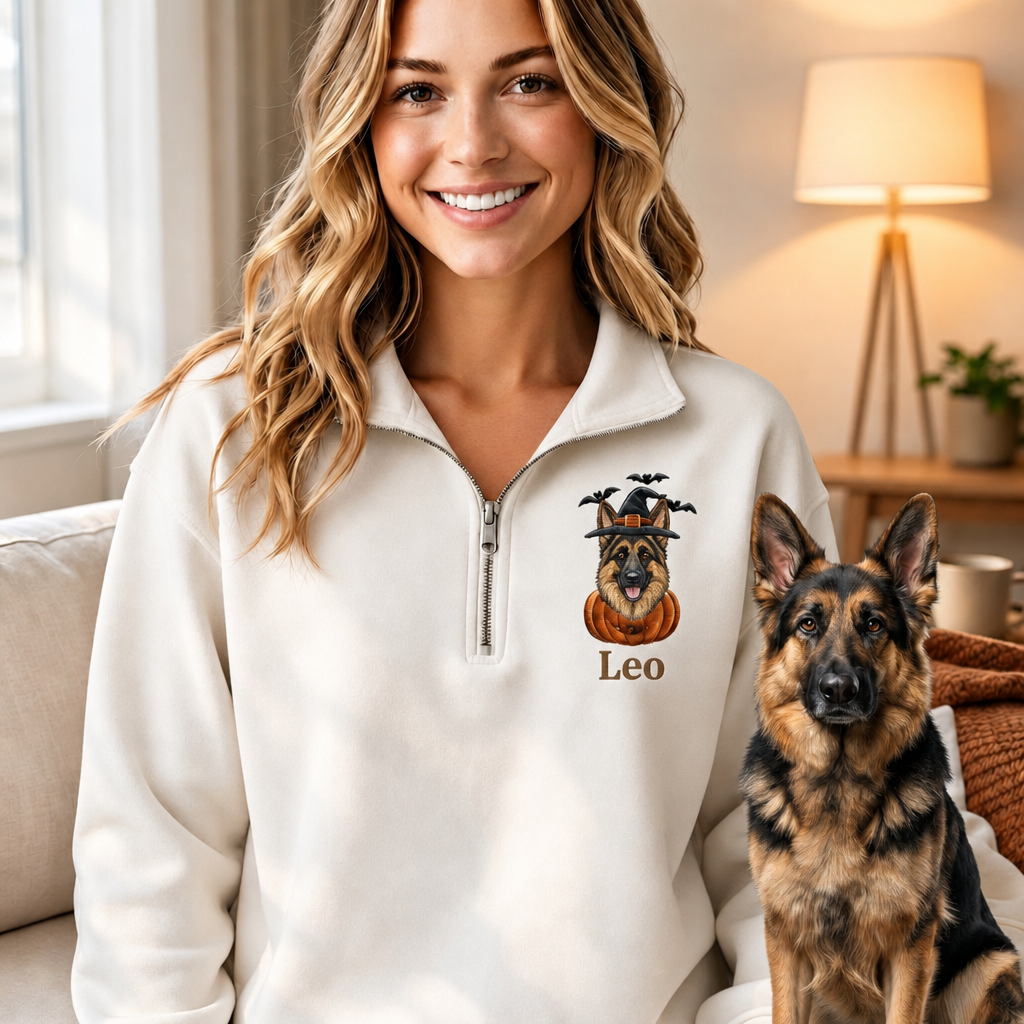 Custom Halloween Pet Portrait Embroidered Quarter Zip Sweatshirt