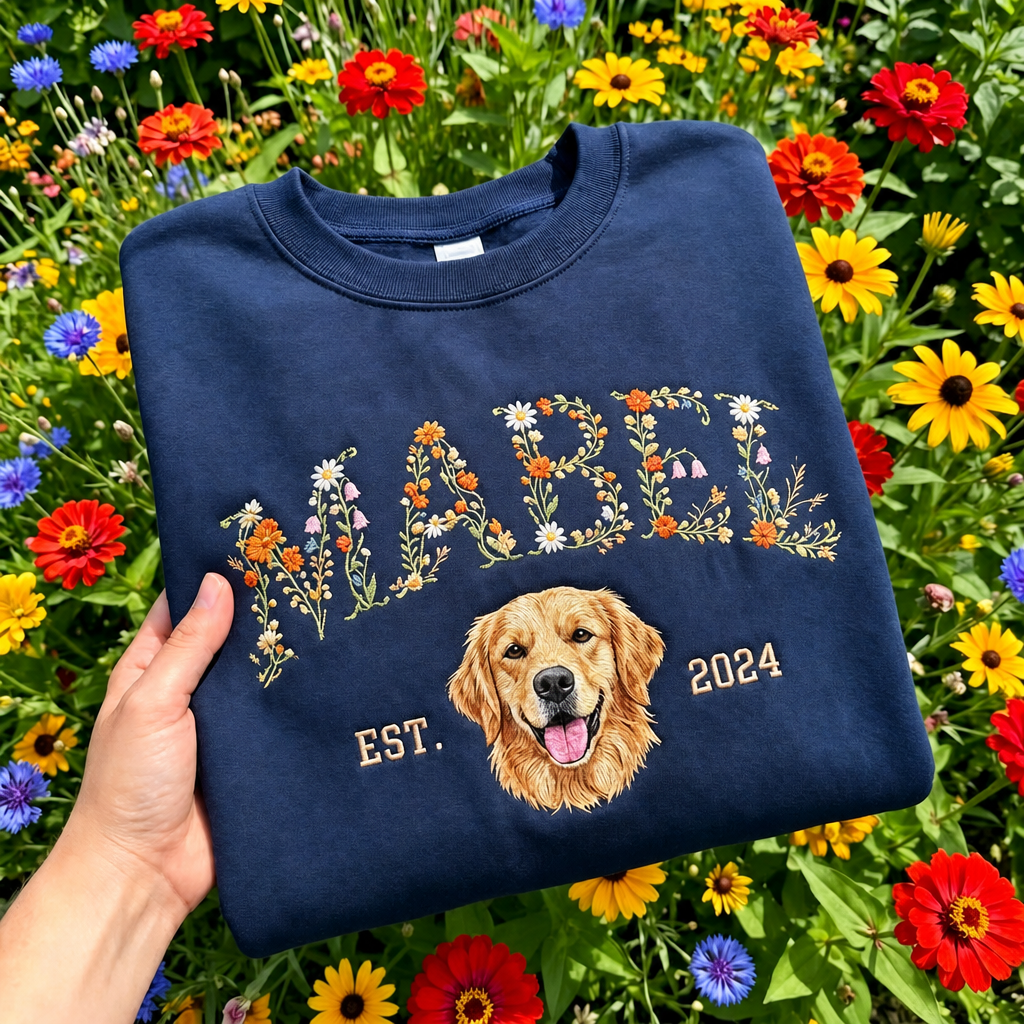 Custom Pet Portrait Embroidered Sweatshirt With Floral & EST. Year Design,Pet Lover Gift