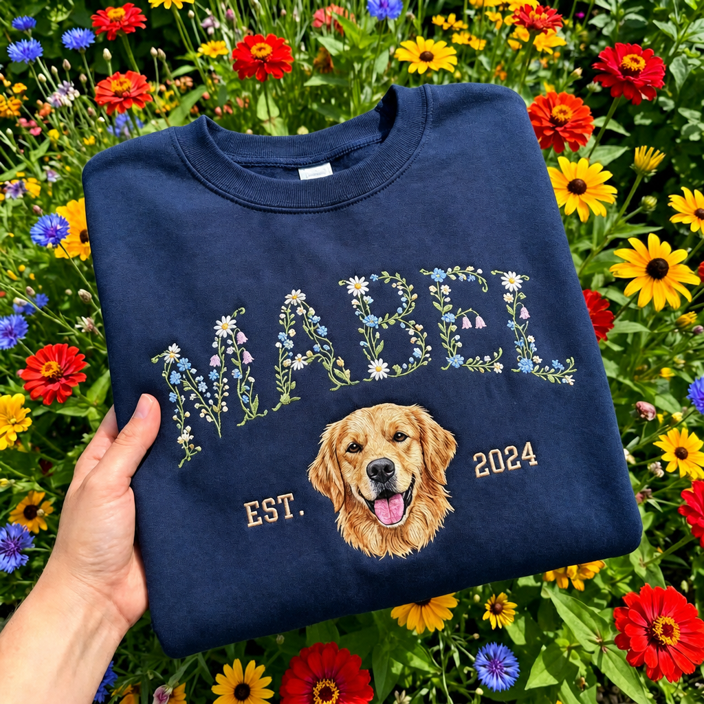 Custom Pet Portrait Embroidered Sweatshirt With Floral & EST. Year Design,Pet Lover Gift