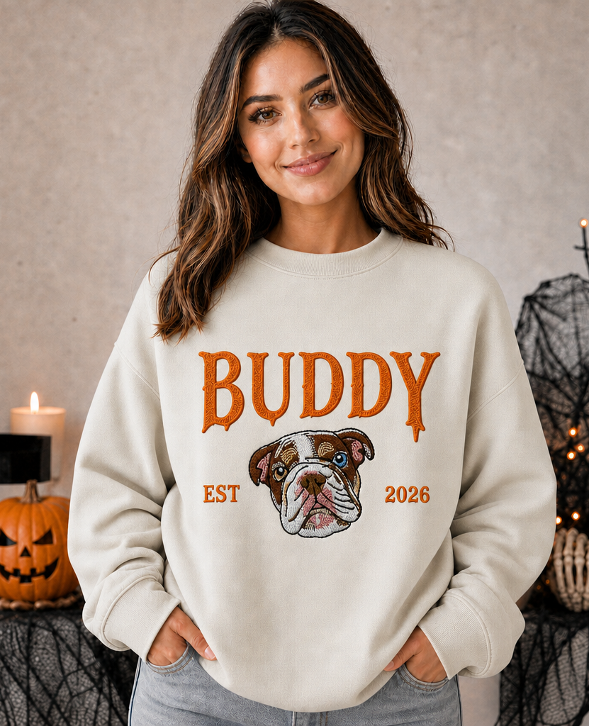 Personalized Halloween Pet Portrait Embroidered Sweatshirt – Personalized Dog & Cat Halloween Gift for Pet Lovers