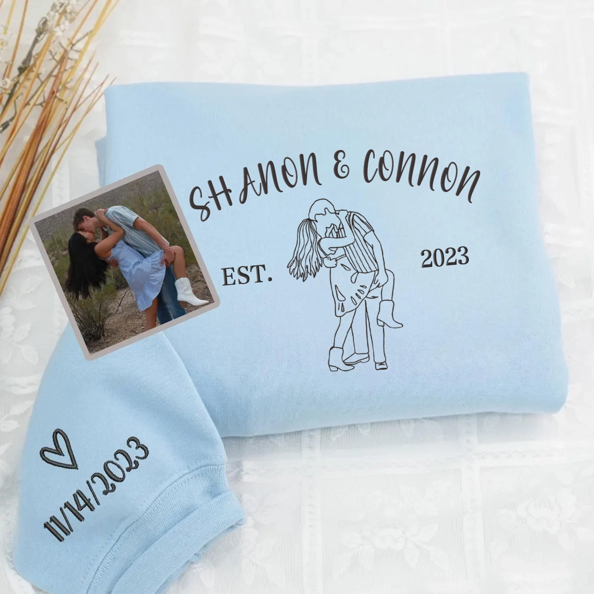 Custom Couple Outline Photo And Name Embroidered Sweatshirts