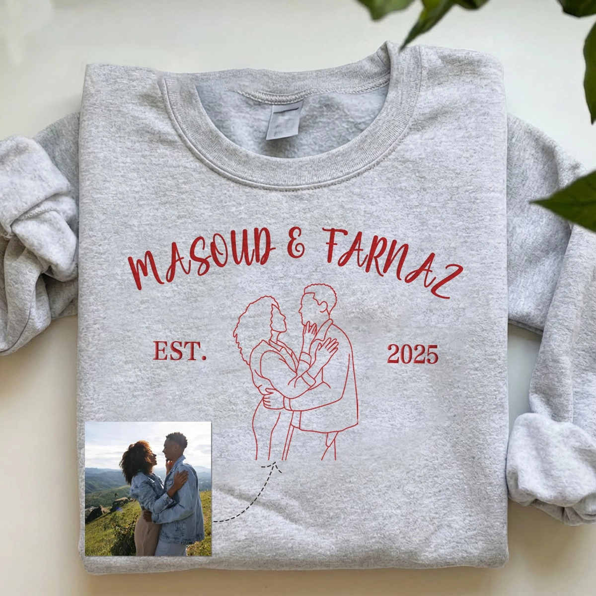 Custom Couple Outline Photo And Name Embroidered Sweatshirts
