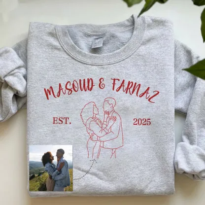 Custom Couple Outline Photo And Name Embroidered Sweatshirts