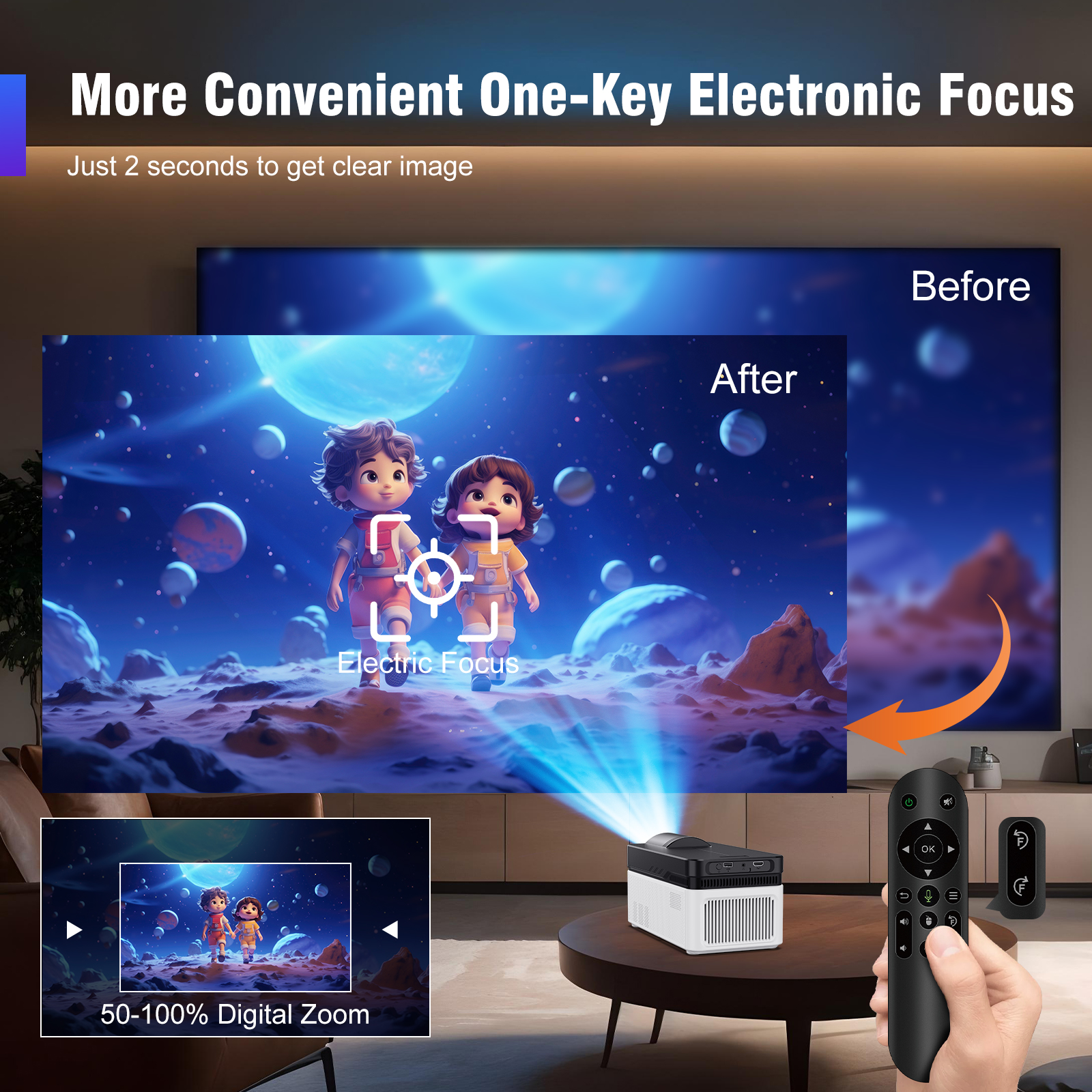 More Convenient One-Key Electronic Focus  Just 2 seconds to get clear image