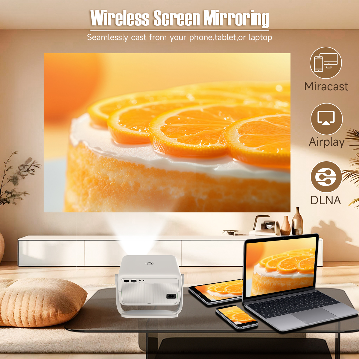 Wireless Screen Mirroring  Seamlessly cast from your phone,tablet,or laptop