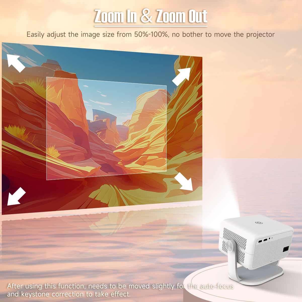 Zoom In & Zoom Out Easily adjust the image size from 50%-100%, no bother to move the projector