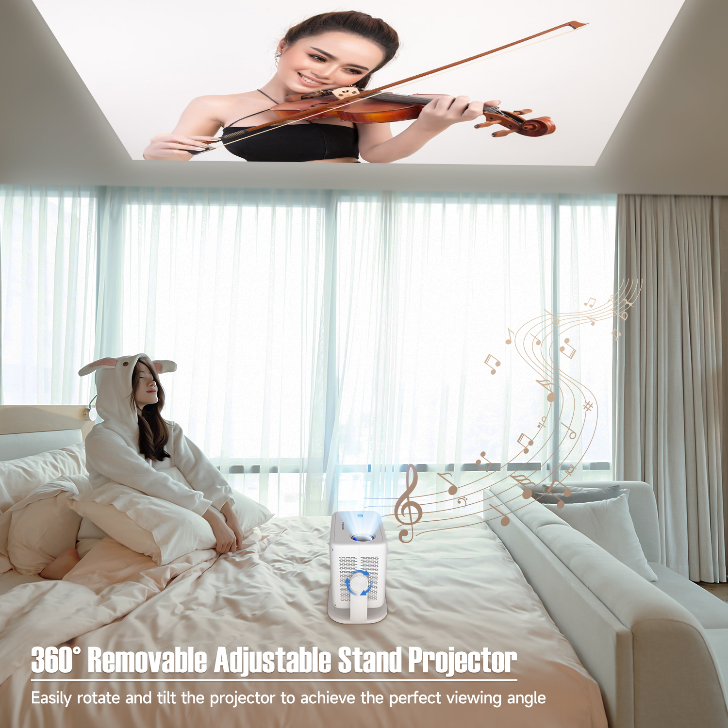 360° Removable Adjustable Stand Projector Easily rotate and tilt the projector to achieve the perfect viewing angle