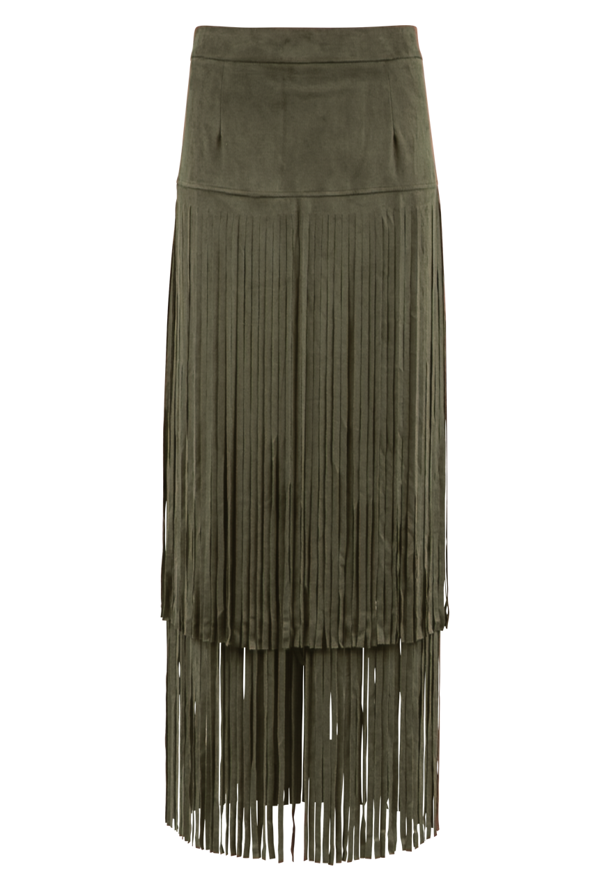 Faux Suede Long Fringe Skirt