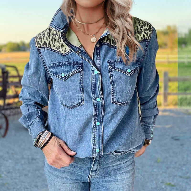 Leopard-print Panel Denim Shirt