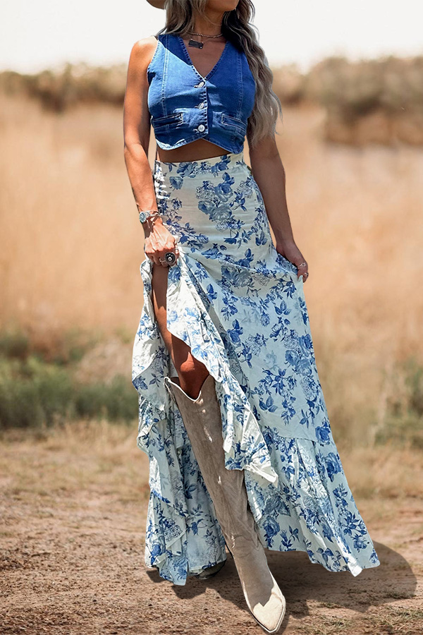 deSouthern Floral Print Ruffled Slit Maxi Skirt