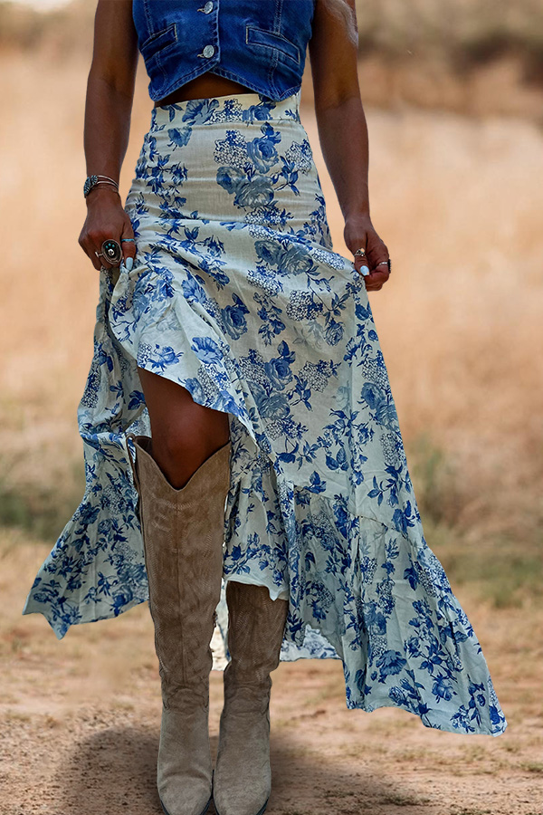 deSouthern Floral Print Ruffled Slit Maxi Skirt