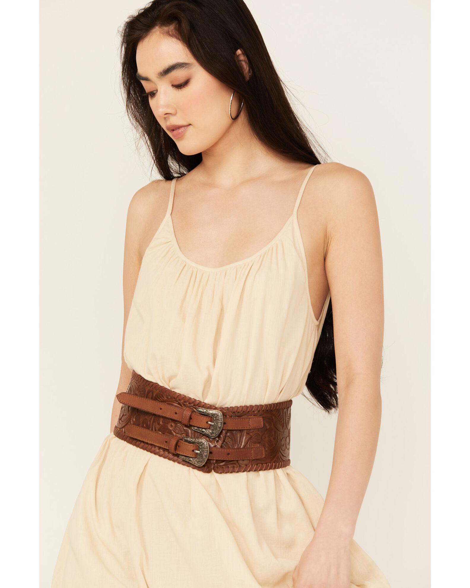 Women's Tooled Floral Double Buckle Wide Waist Belt
