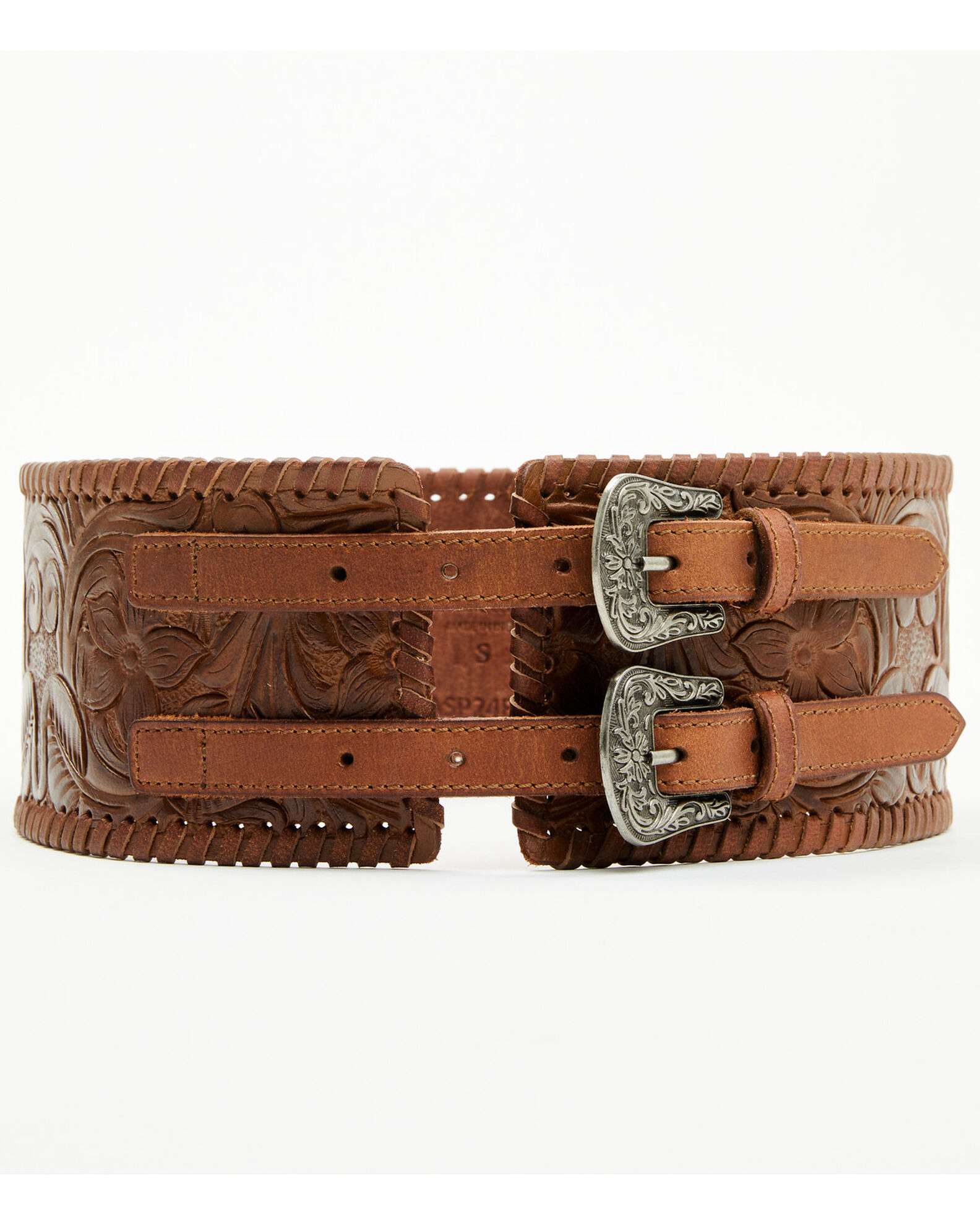 Women's Tooled Floral Double Buckle Wide Waist Belt