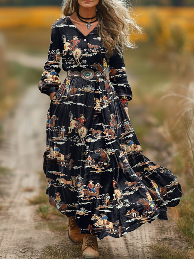 Women's Black Rodeo Classic West Print V-Neck Button Pocket Cotton Dress