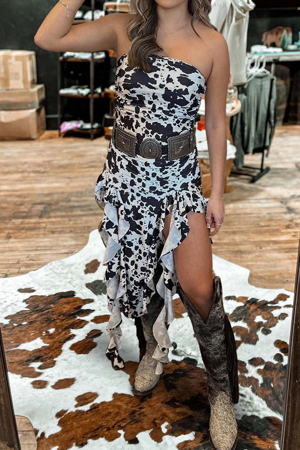 Western Cow Pattern Strapless Slit Ruffle Maxi Dress