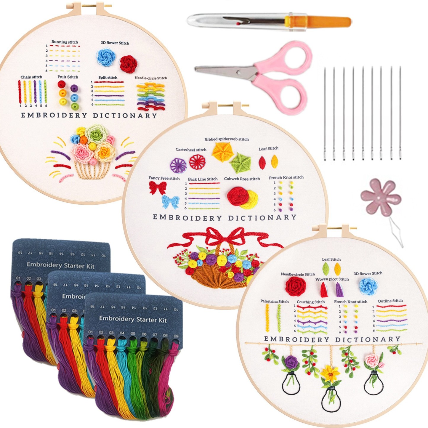 Basic embroidery practice (Basic 3-piece set)--DIY novice teaching material package