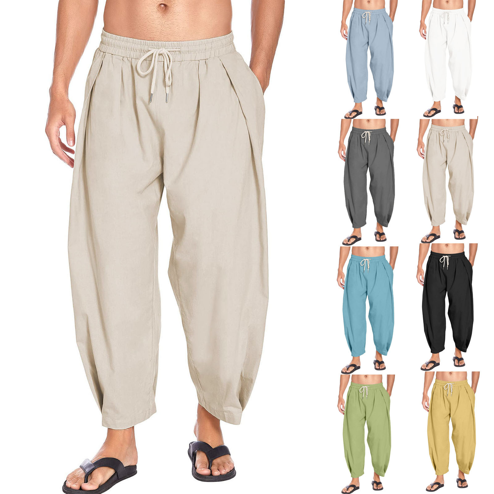 2024 Men's Cotton Hemp Casual Drawstring Haren Pants