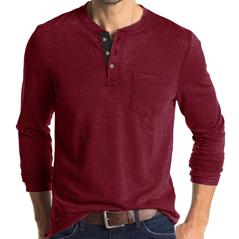 Men's Fashion Henley Shirt Round Neck Long Sleeve Casual Button Cotton T-Shirt with Pocket 