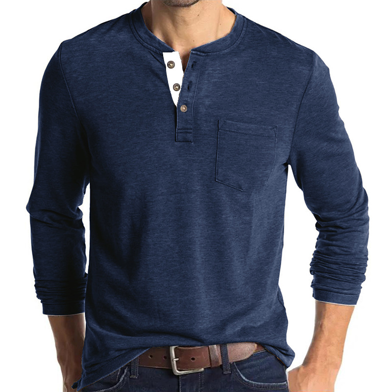 Men's Fashion Henley Shirt Round Neck Long Sleeve Casual Button Cotton T-Shirt with Pocket 