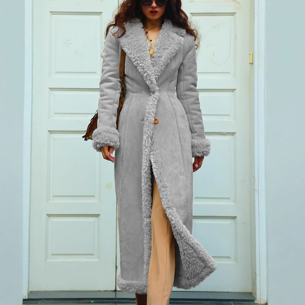 Women's Vintage Ethnic Style Silver Fox Fur Trim Suede Jacket Long Afghan Coat