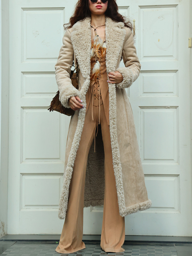 Women's Vintage Ethnic Style Silver Fox Fur Trim Suede Jacket Long Afghan Coat