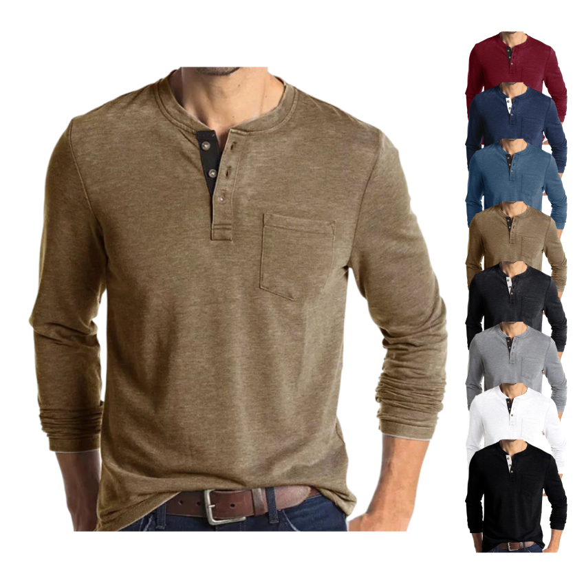 Men's Fashion Henley Shirt Round Neck Long Sleeve Casual Button Cotton T-Shirt with Pocket 