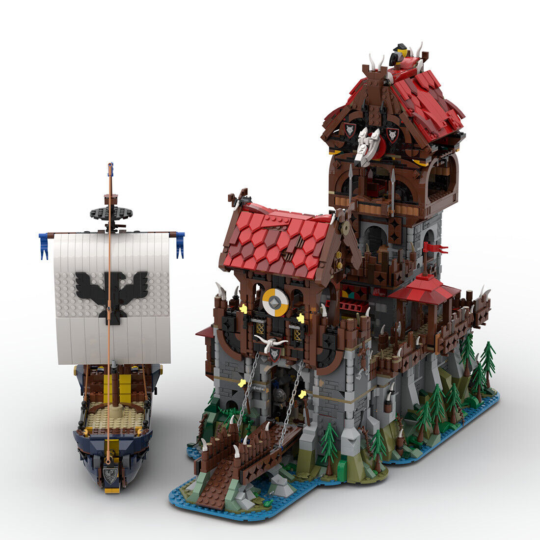MOC-136695 Medieval Tower with Castle Gatehouse and Sea Serpent Ship 4916 Parts-ZITIANYOUBUILD