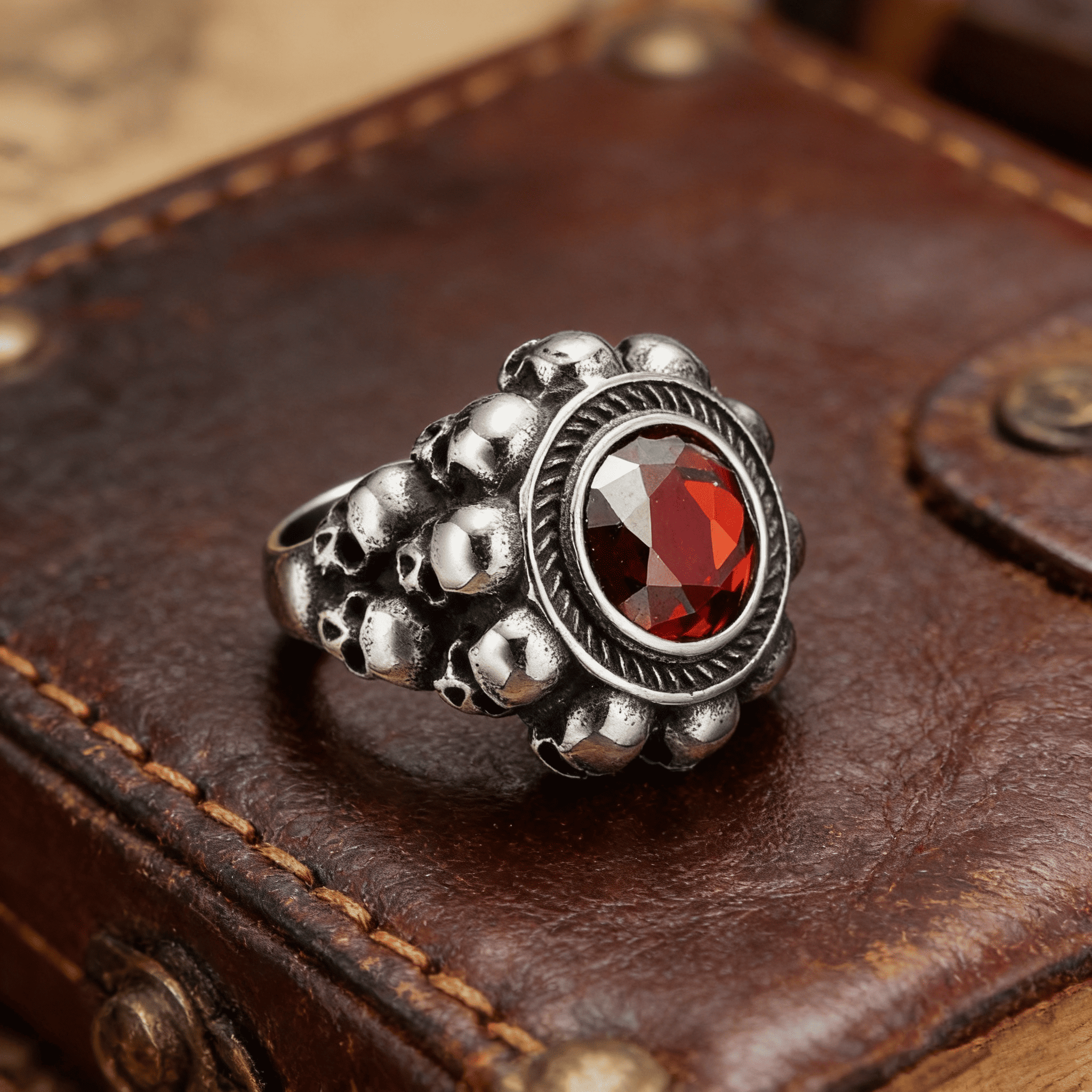 Red round gemstone skull ring