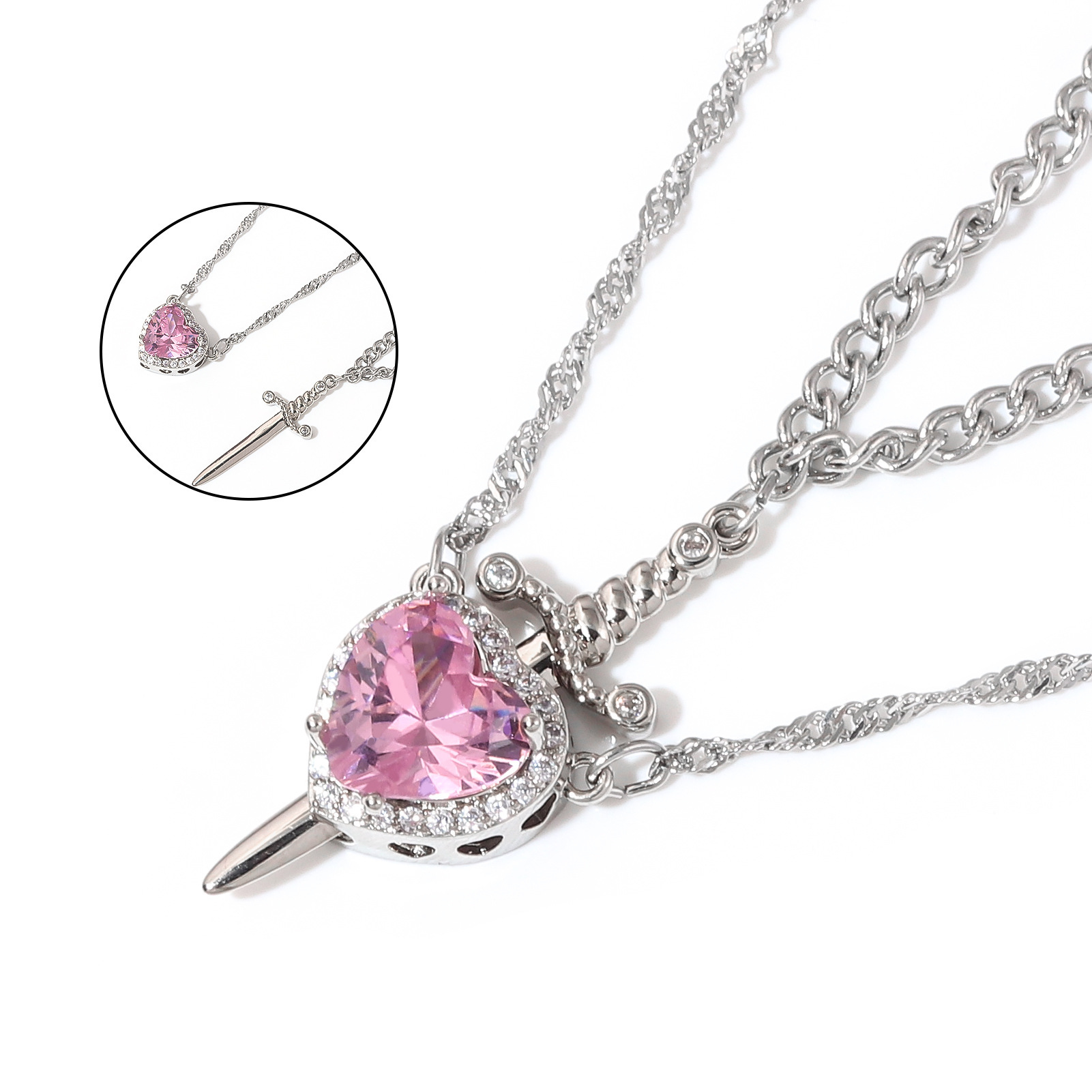 Crystal Heart and Dagger Necklace Set