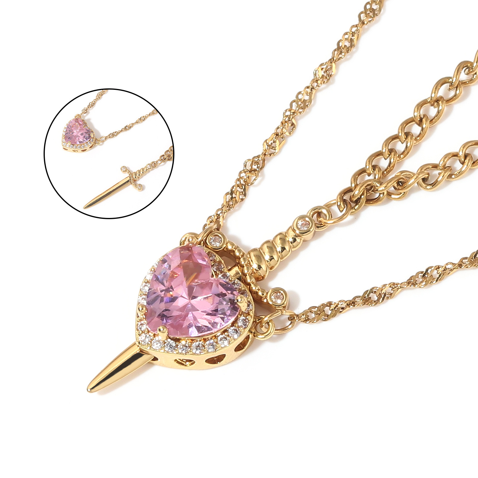 Crystal Heart and Dagger Necklace Set