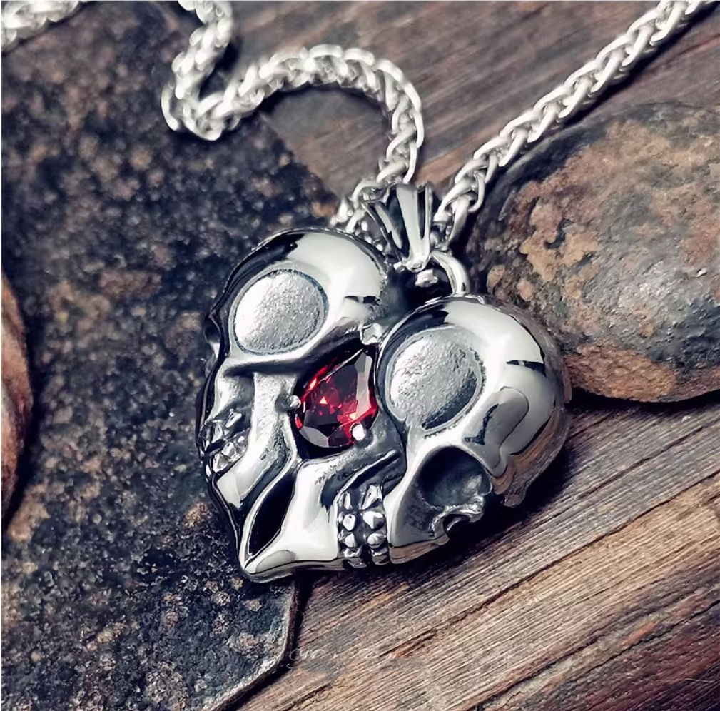 Vintage Heart Gemstone Skull Necklace