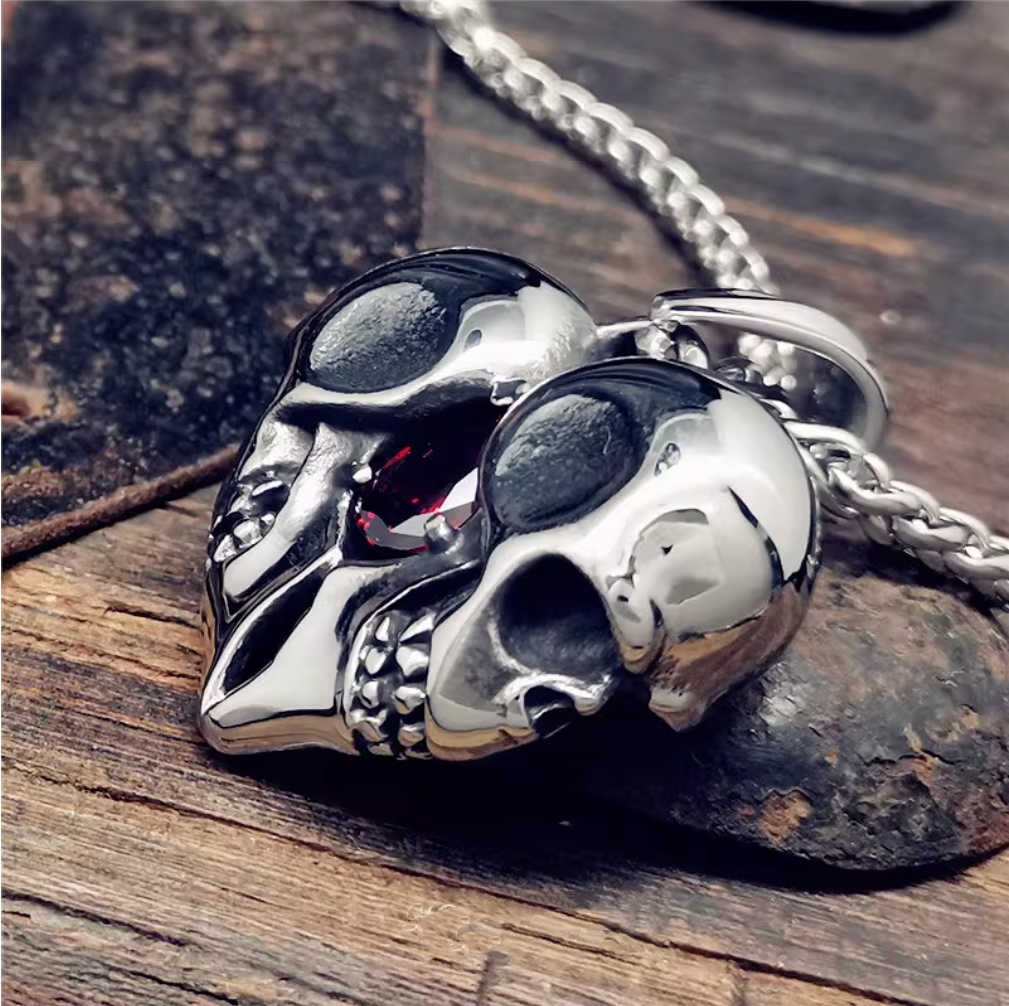 Vintage Heart Gemstone Skull Necklace