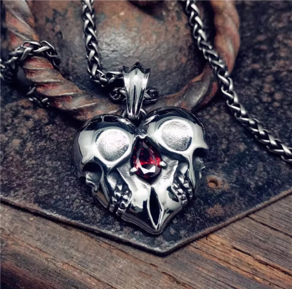 Vintage Heart Gemstone Skull Necklace