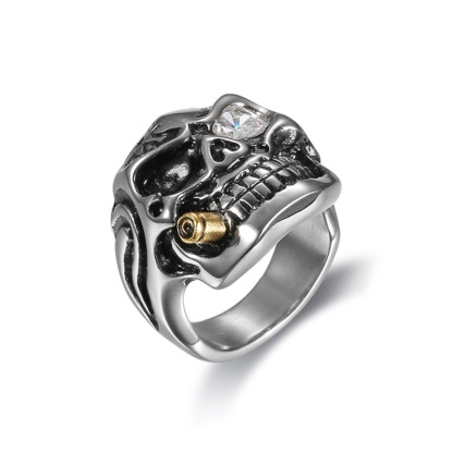 Gemstone Eyes Gold Pipe Skull Ring