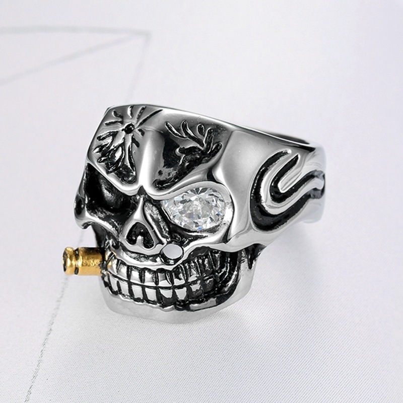 Gemstone Eyes Gold Pipe Skull Ring