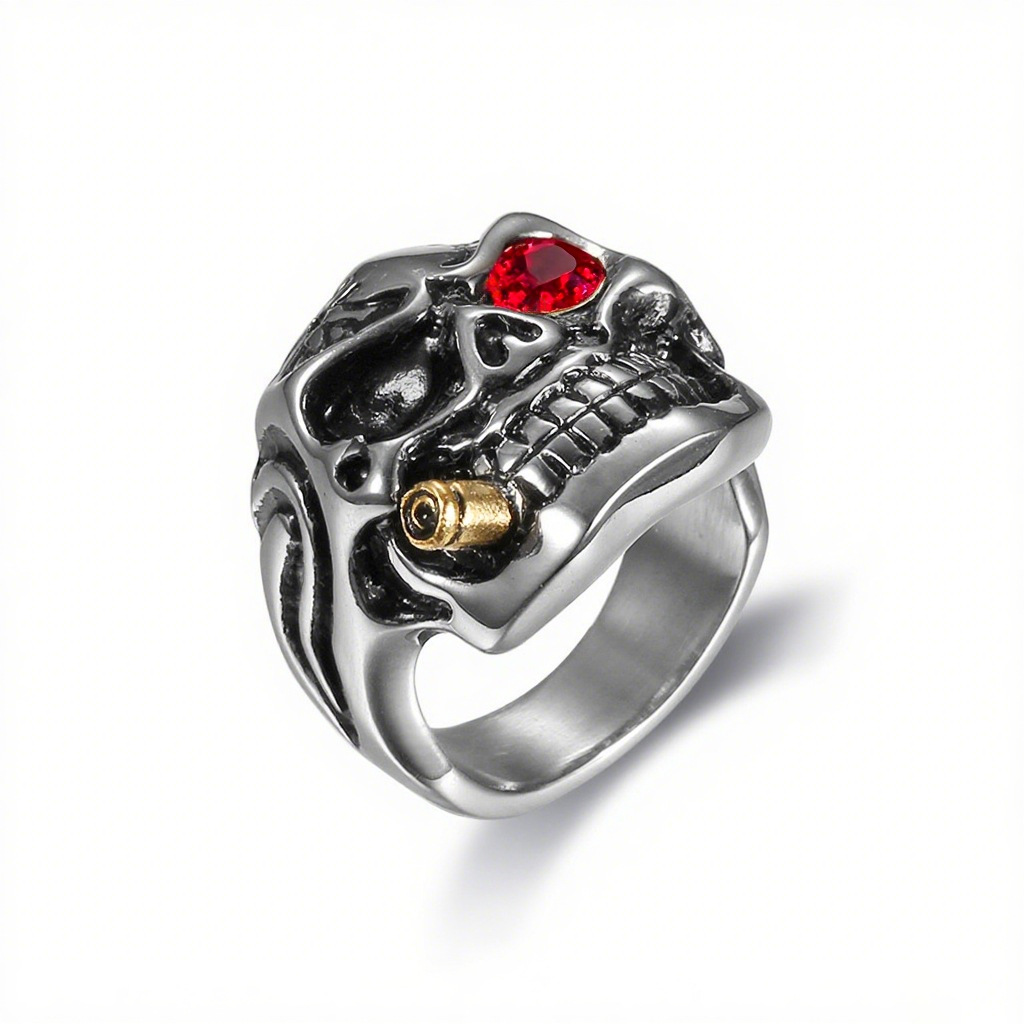 Gemstone Eyes Gold Pipe Skull Ring