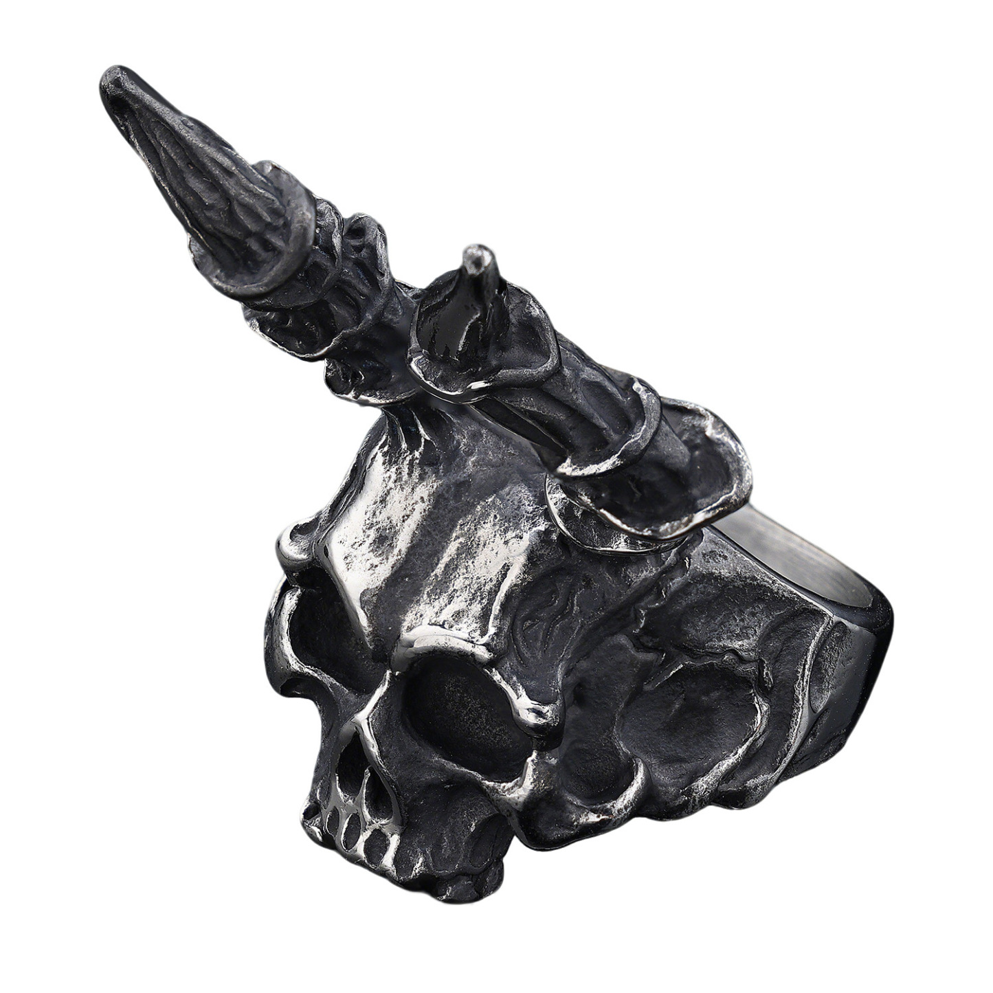Punk style sheep horn skull ring