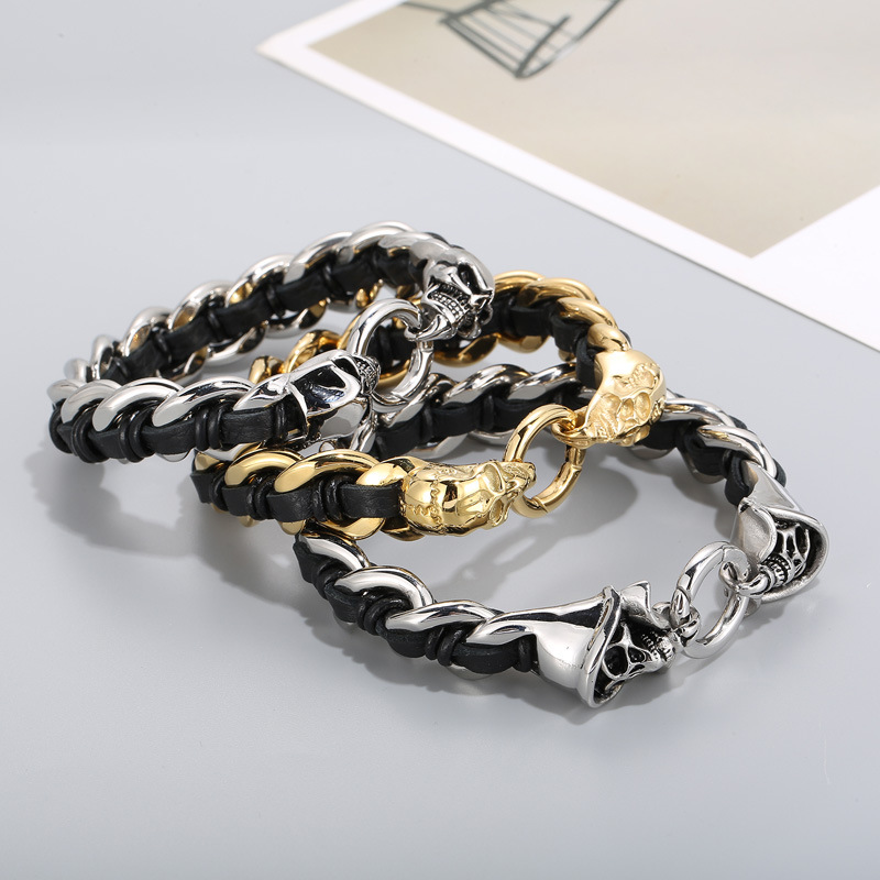 Cowhide Braided Skull Bracelet