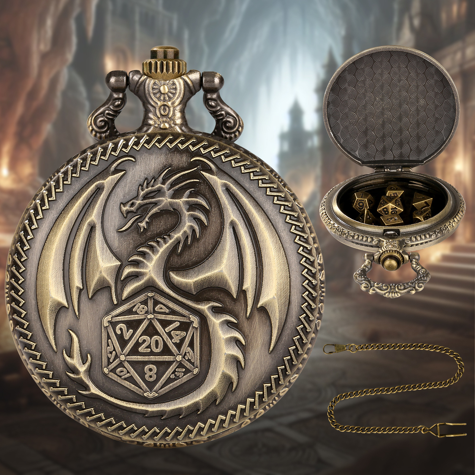 Dragon D20 StylePocket Watch Dice Set