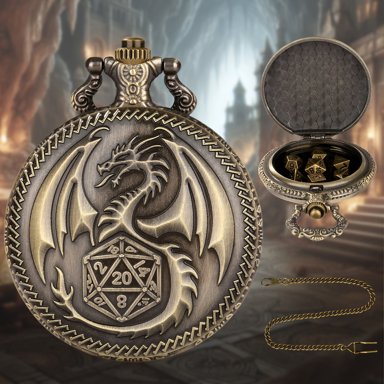Dragon D20 StylePocket Watch Dice Set