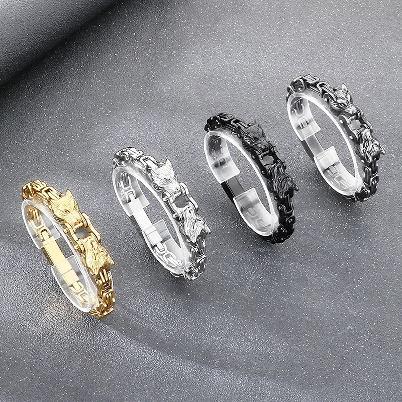 Retro Double Wolf Head Men's Bracelet