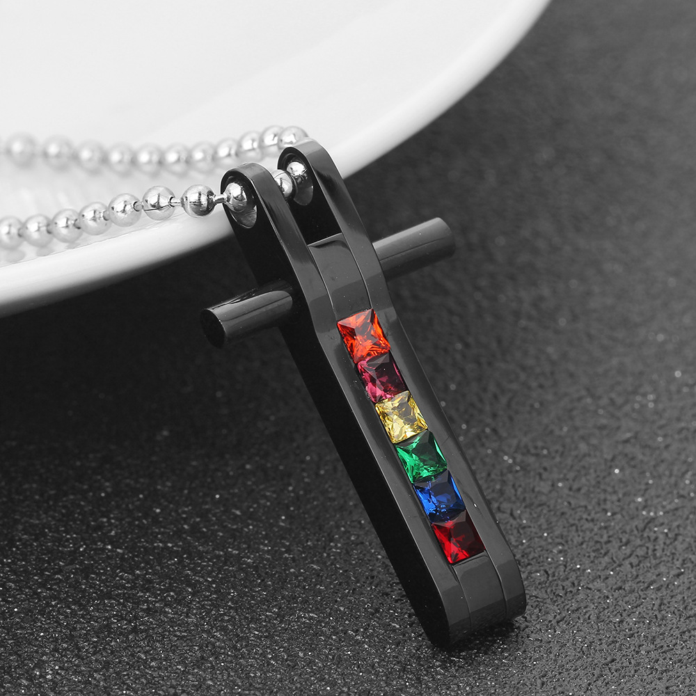 Seven-color diamond cross pendant necklace