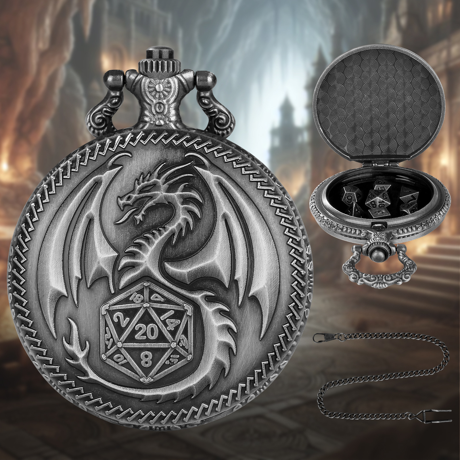 Dragon D20 StylePocket Watch Dice Set
