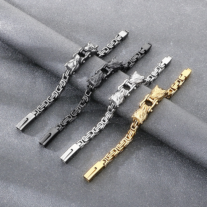 Retro Double Wolf Head Men's Bracelet