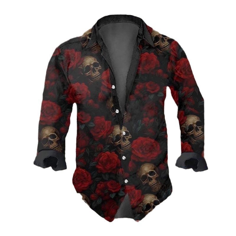 Men's Vintage Dark Skull Print Long Sleeve Shirt