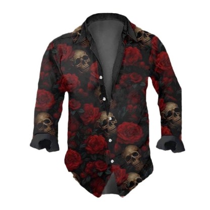 Men's Vintage Dark Skull Print Long Sleeve Shirt