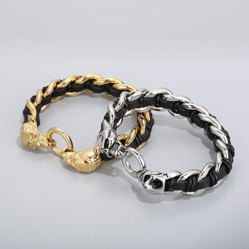 Cowhide Braided Skull Bracelet